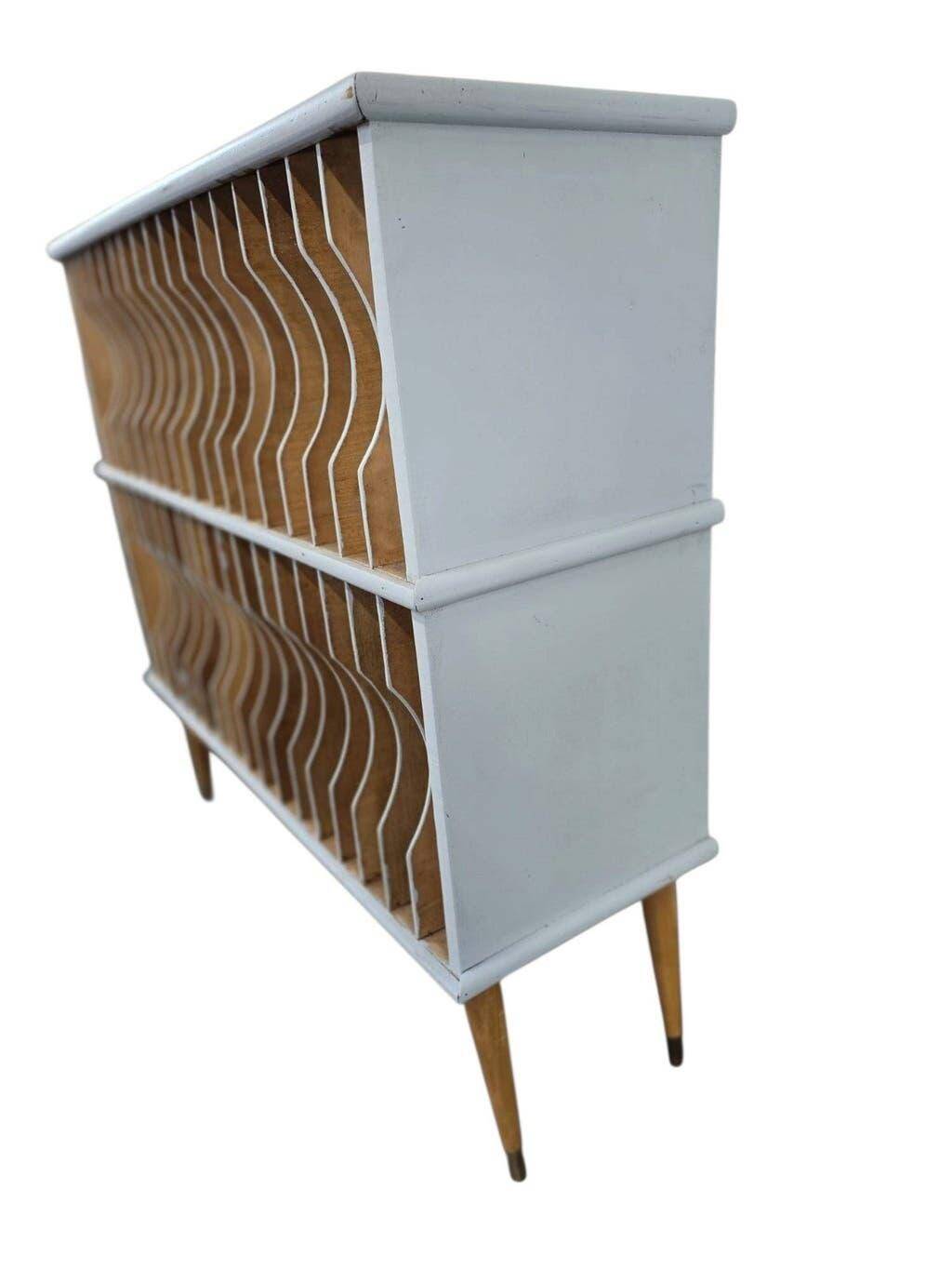 Vintage mint blue wooden display cabinet / storage system for vinyl records