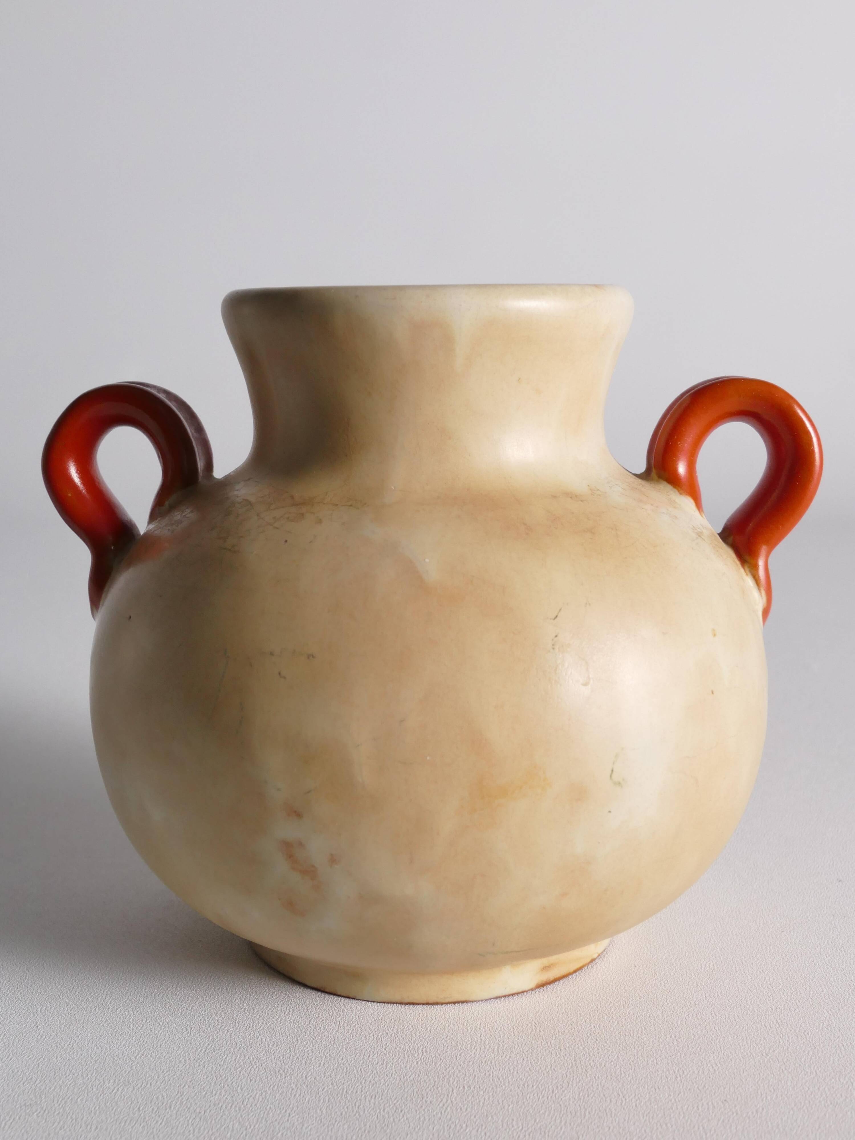 Art Deco Ceramic Beige Vase with Red Handles by Anna-Lisa Thomson, Upsala Ekeby