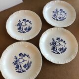 Set of 4 white Digoin flat plates with blue patterns, birds and plants, Paradis model