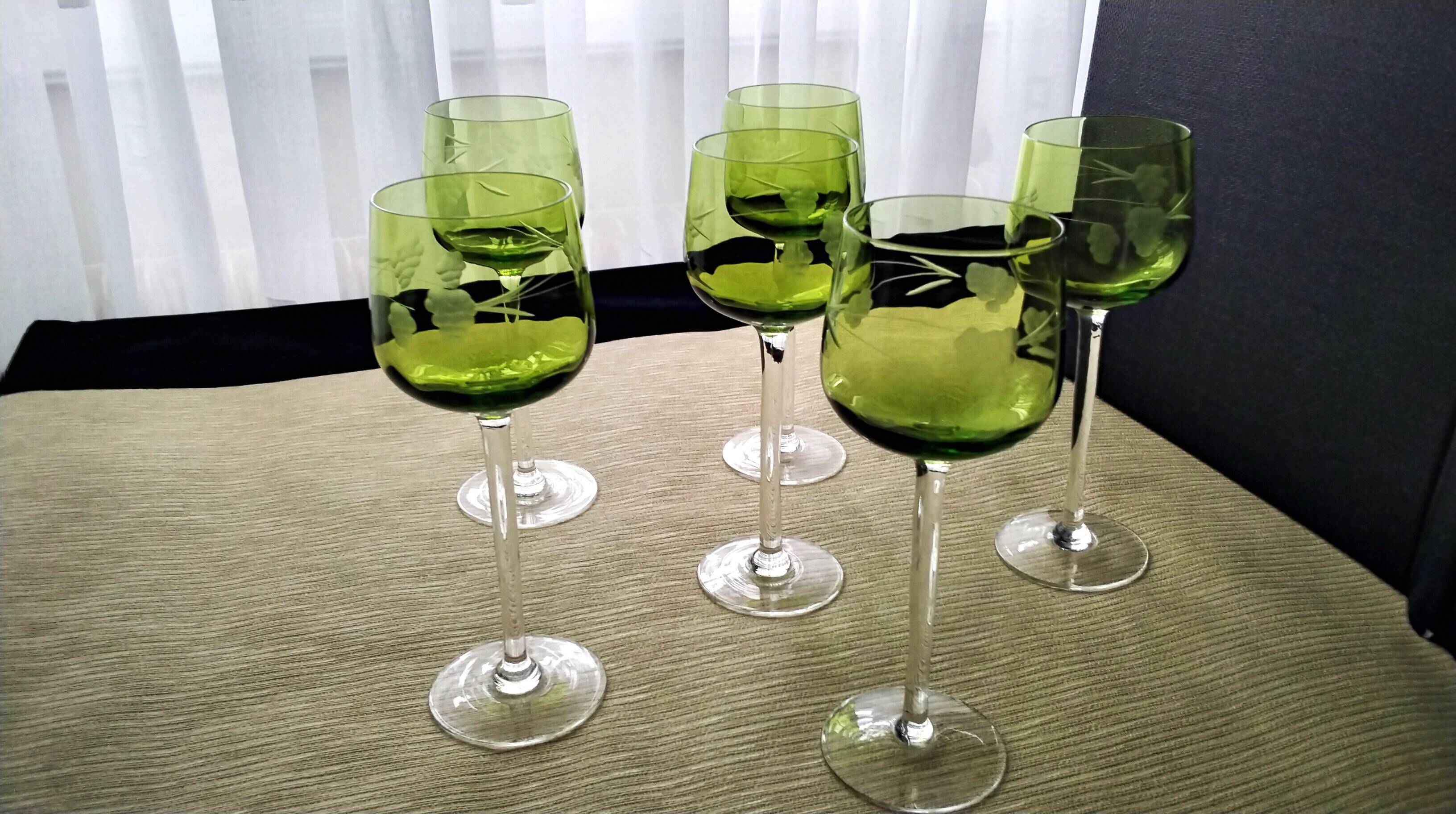 6 Antique Alsace White Wine Glasses with Engraved Decor