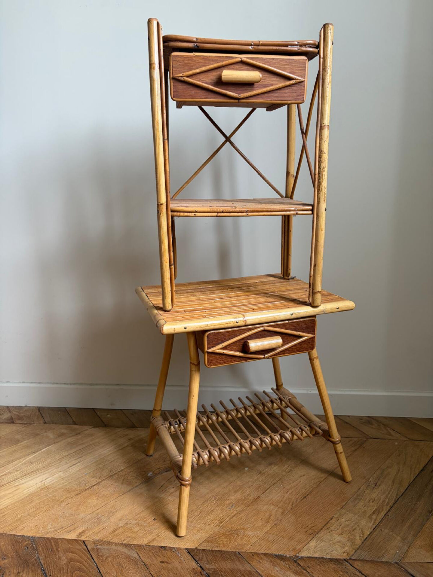 Rattan bedside tables in the style of Audoux Minet.