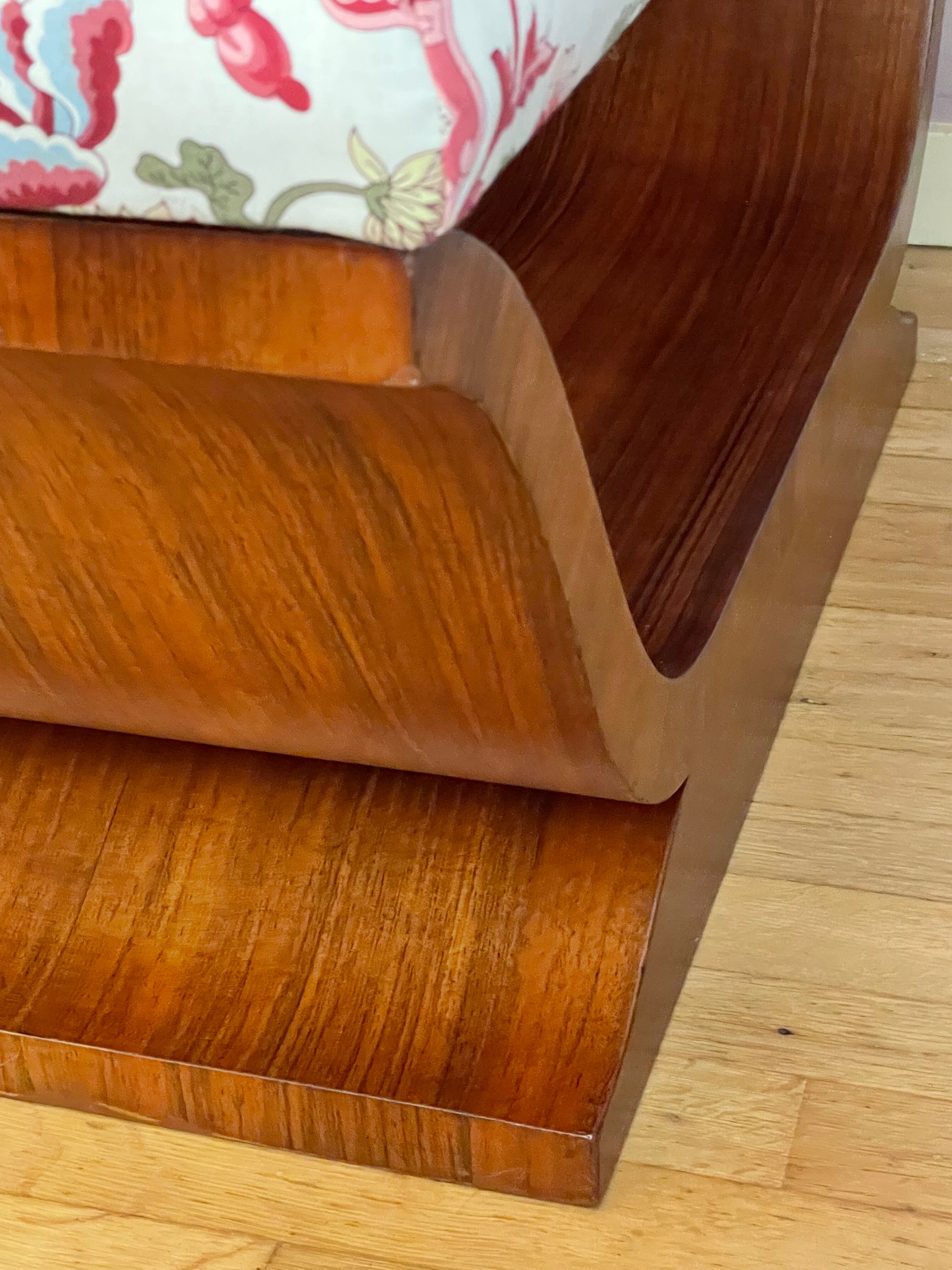 Art-deco walnut bench with floral fabric