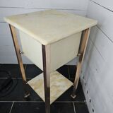 Bedside table in patinated iron, brass and marble tops