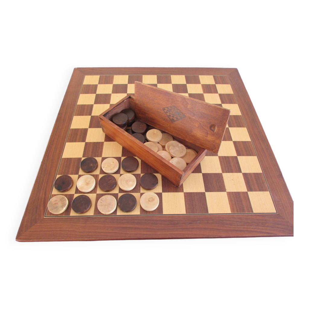 Jeu de dames,damier 48 x 48 cm et jetons en divers bois | Selency
