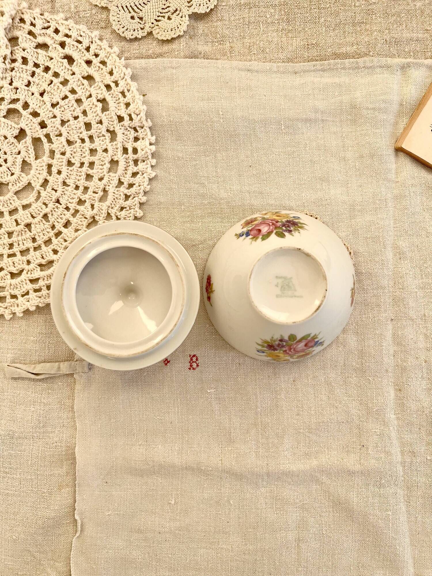 Vintage white porcelain sugar bowl and cottage core floral pattern