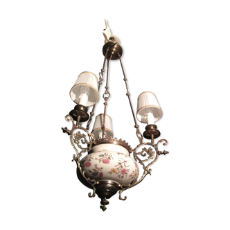 Lustre en bronze avec vasque en faïence décor fleurs