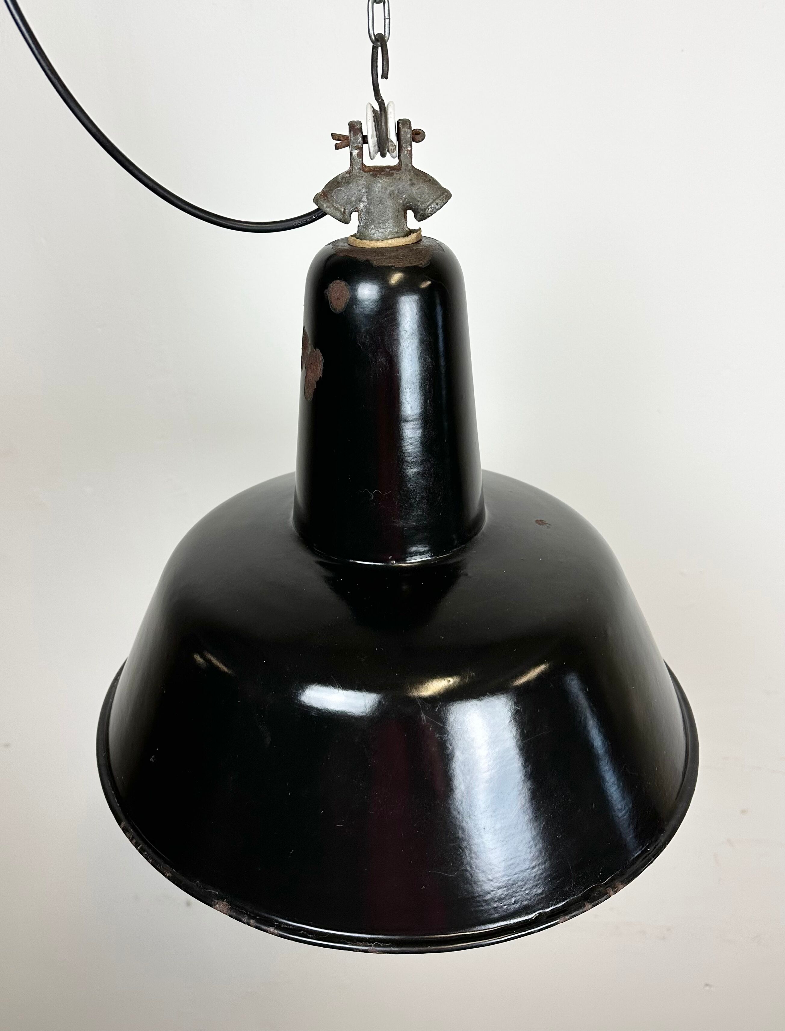 Industrial Black Enamel Factory Lamp with Cast Iron Top, 1950s