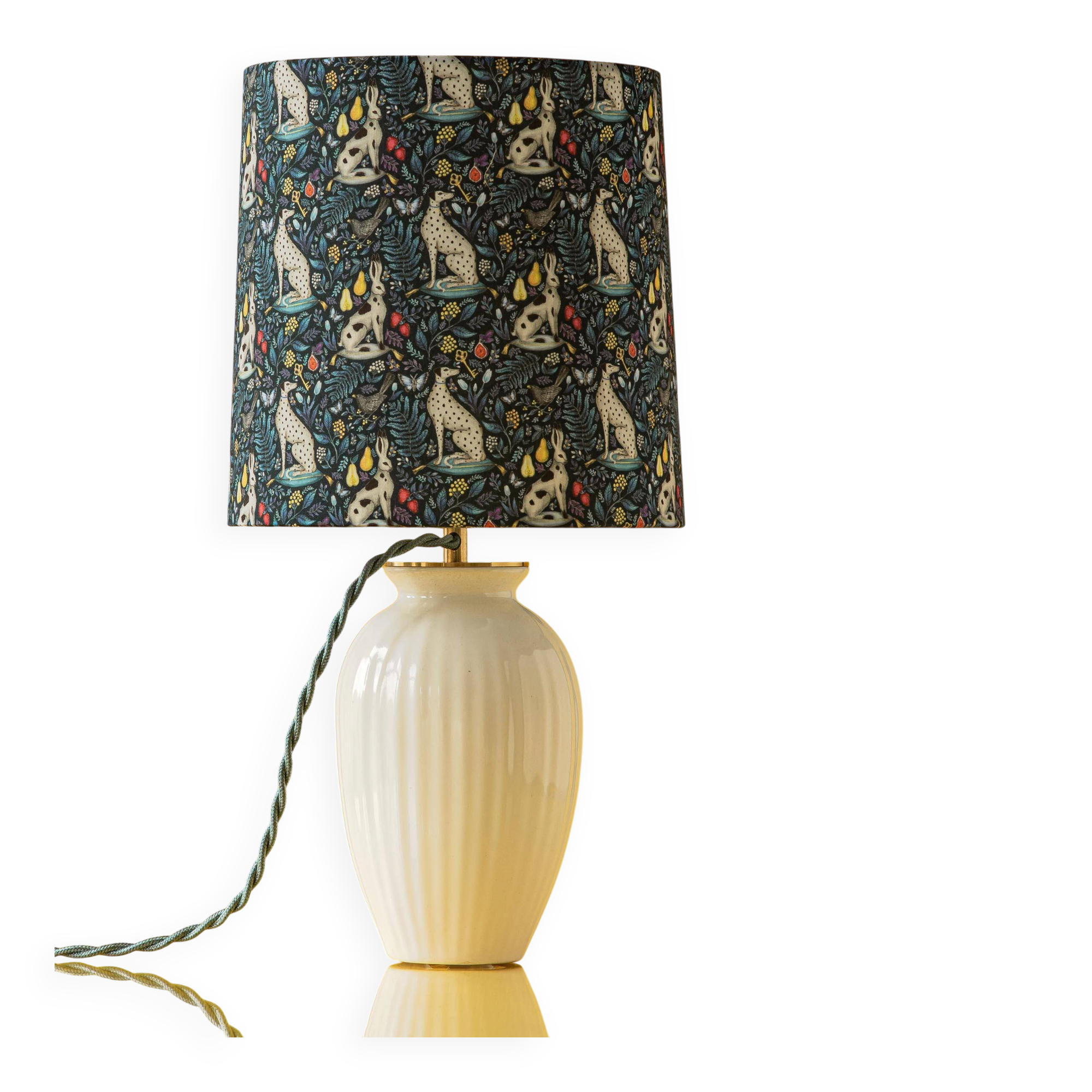 Royal Delft white ceramic table lamp with Liberty London shade, 1930s.