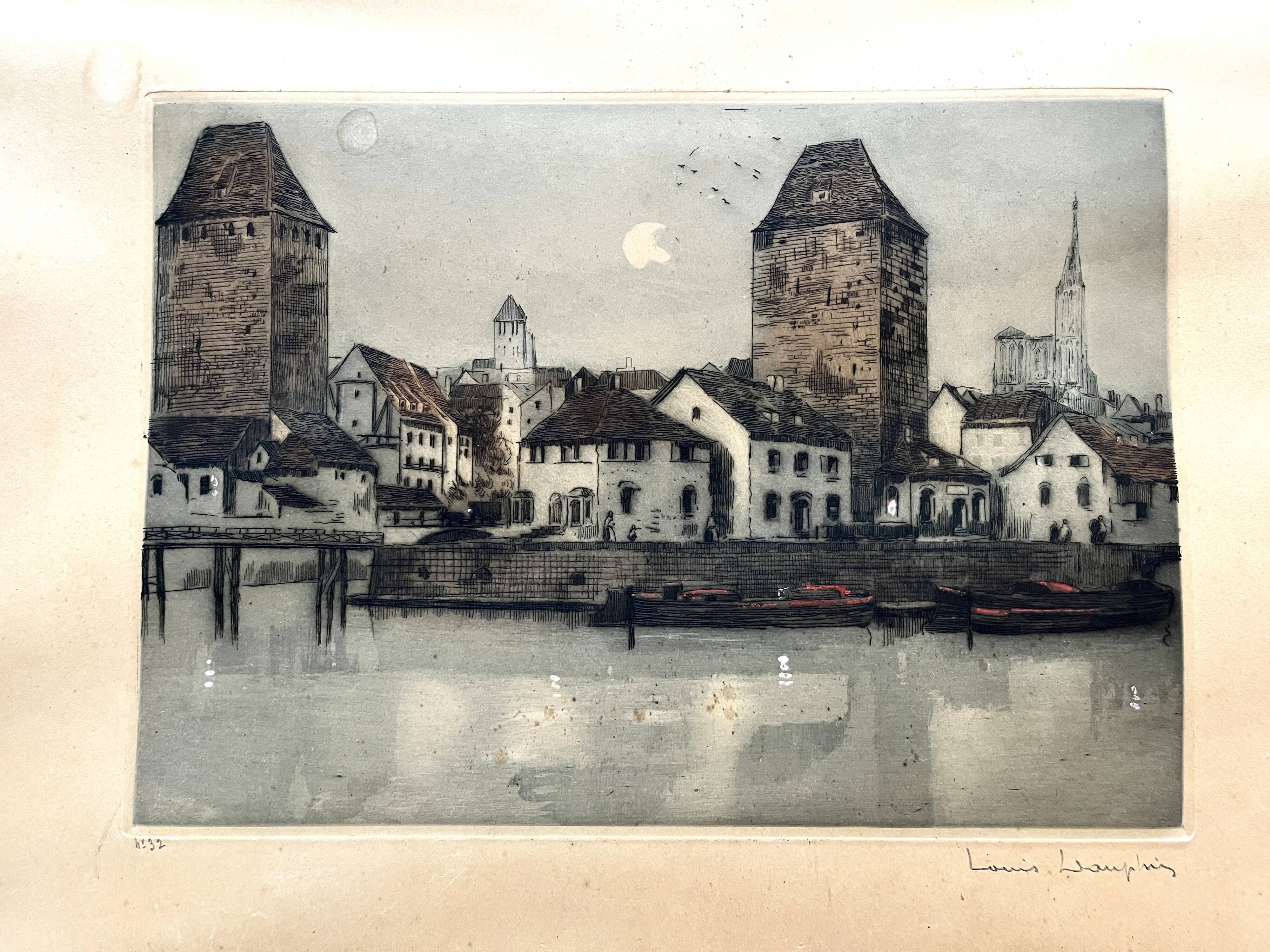 Old engraving The Two Towers signed Dauphin early 20th century