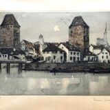 Old engraving The Two Towers signed Dauphin early 20th century