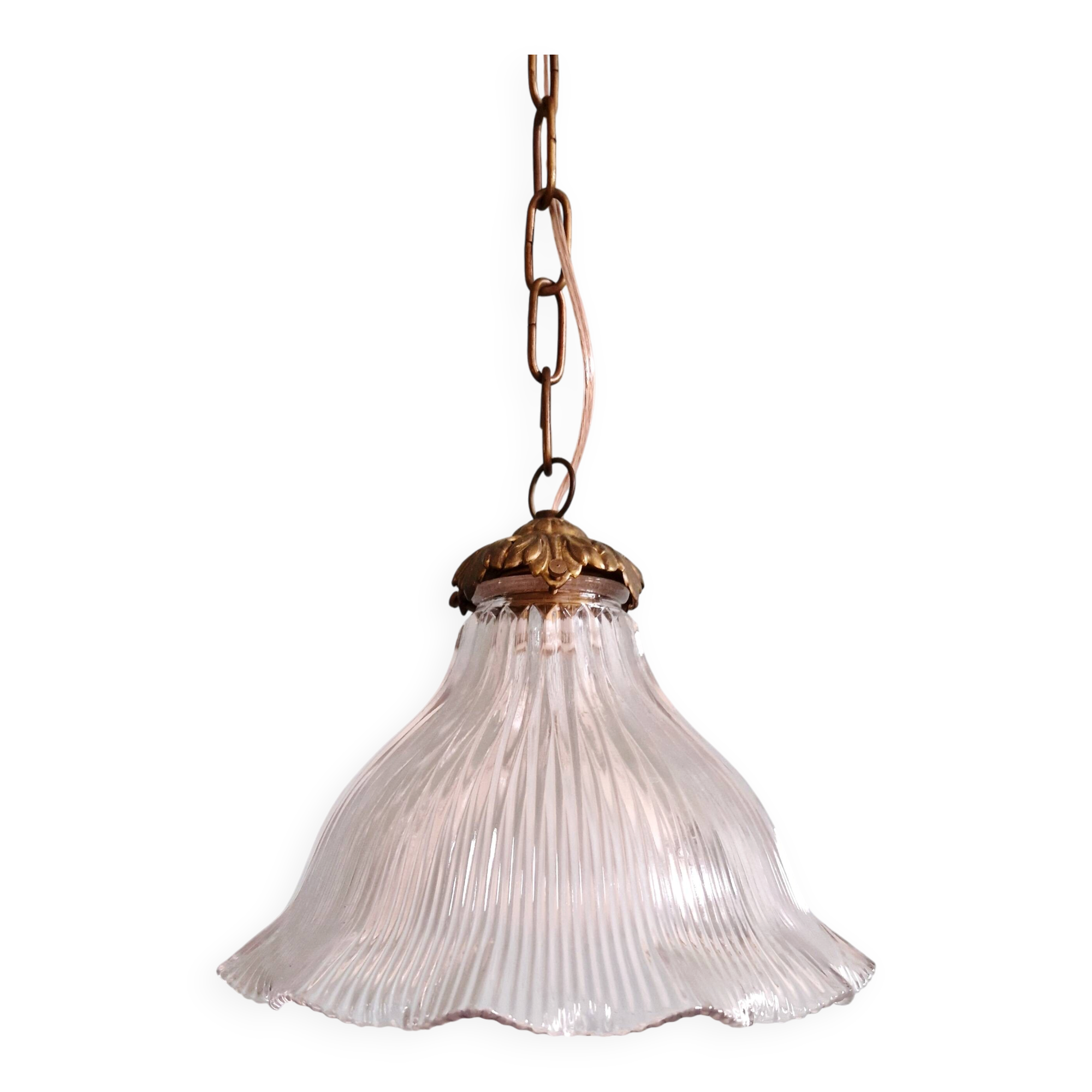 Suspension Holophane in ribbed transparent glass, 1930s