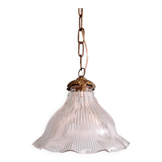 Suspension Holophane in ribbed transparent glass, 1930s