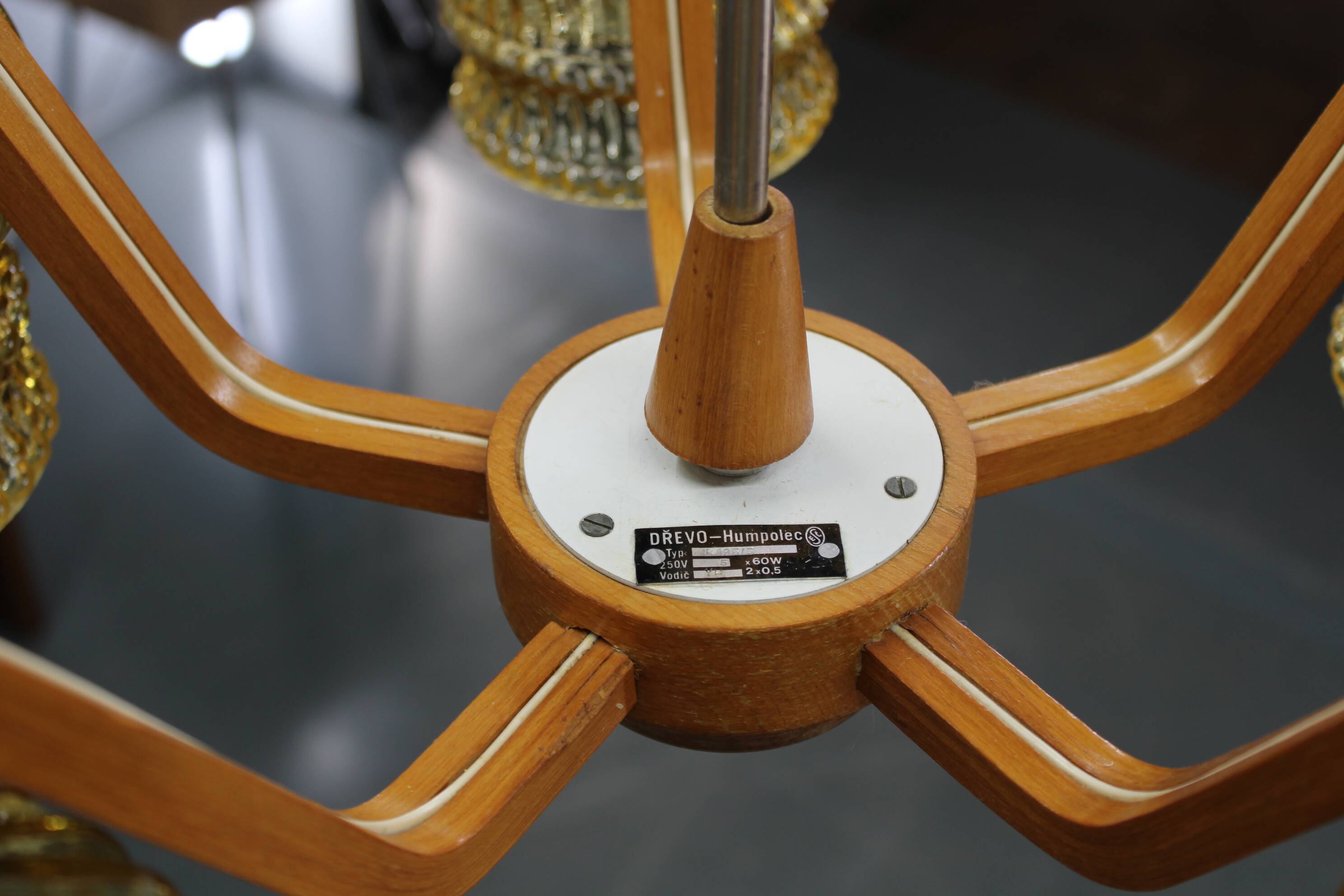 Mid Century Czech Wood Glass Chandelier, 1970s Restored