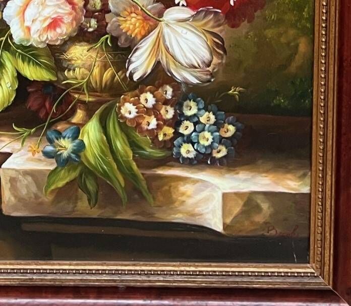 Nature morte signée avec des fleurs.