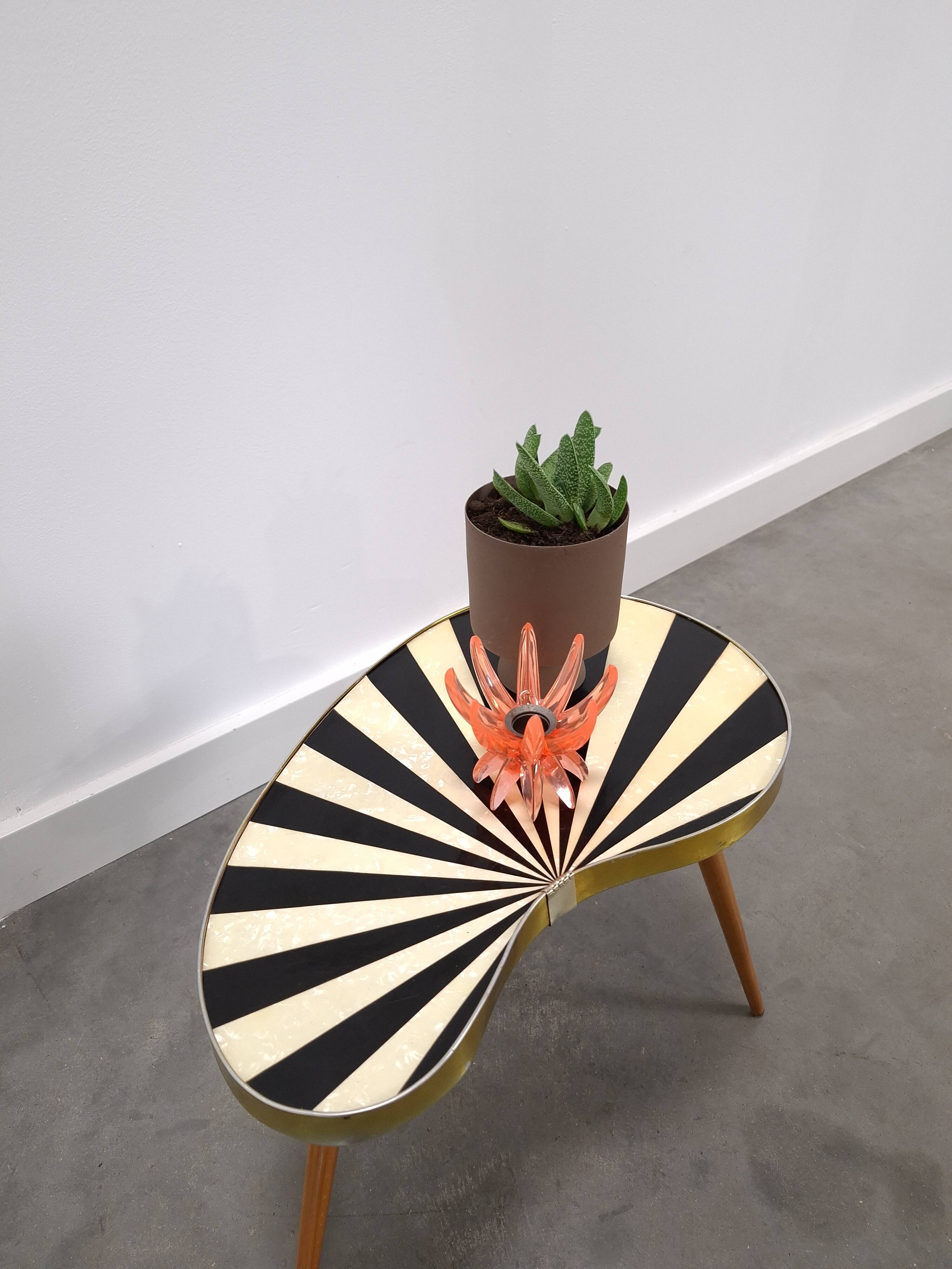 1950s kidney-shaped black and white table, plant table.
