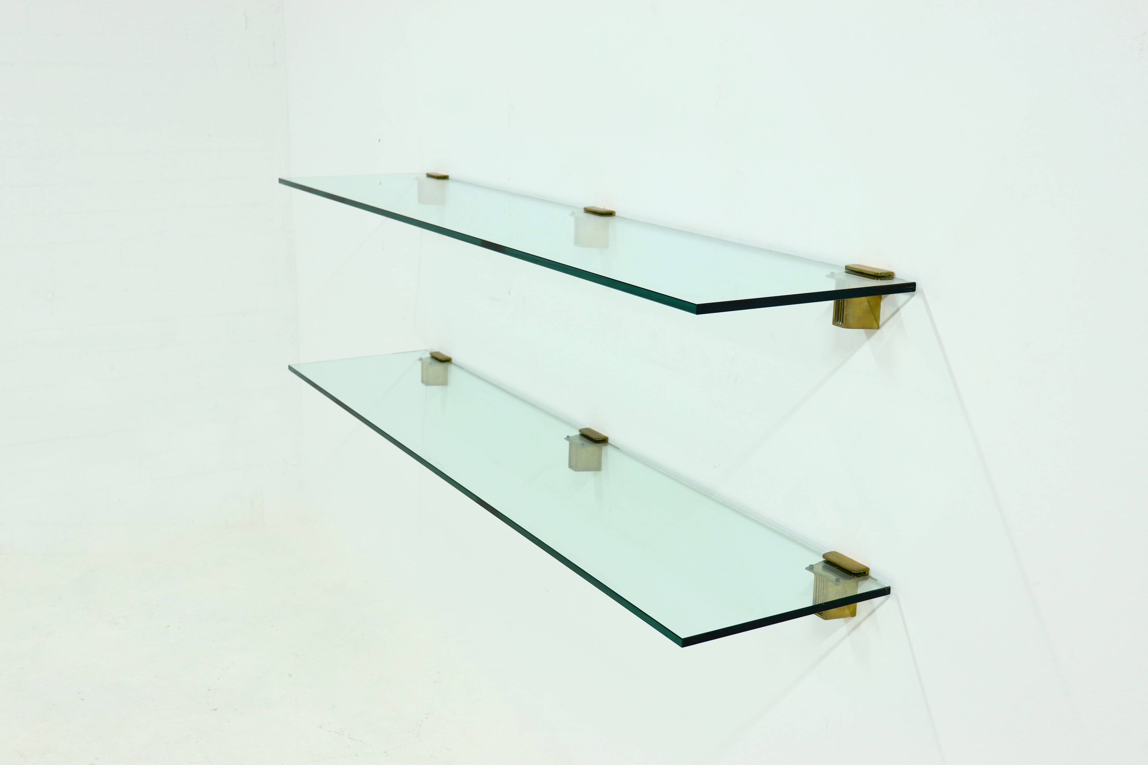 Rare Large Peter Ghyczy Brass and Glass Wall-Mounted Shelving Unit 1970s