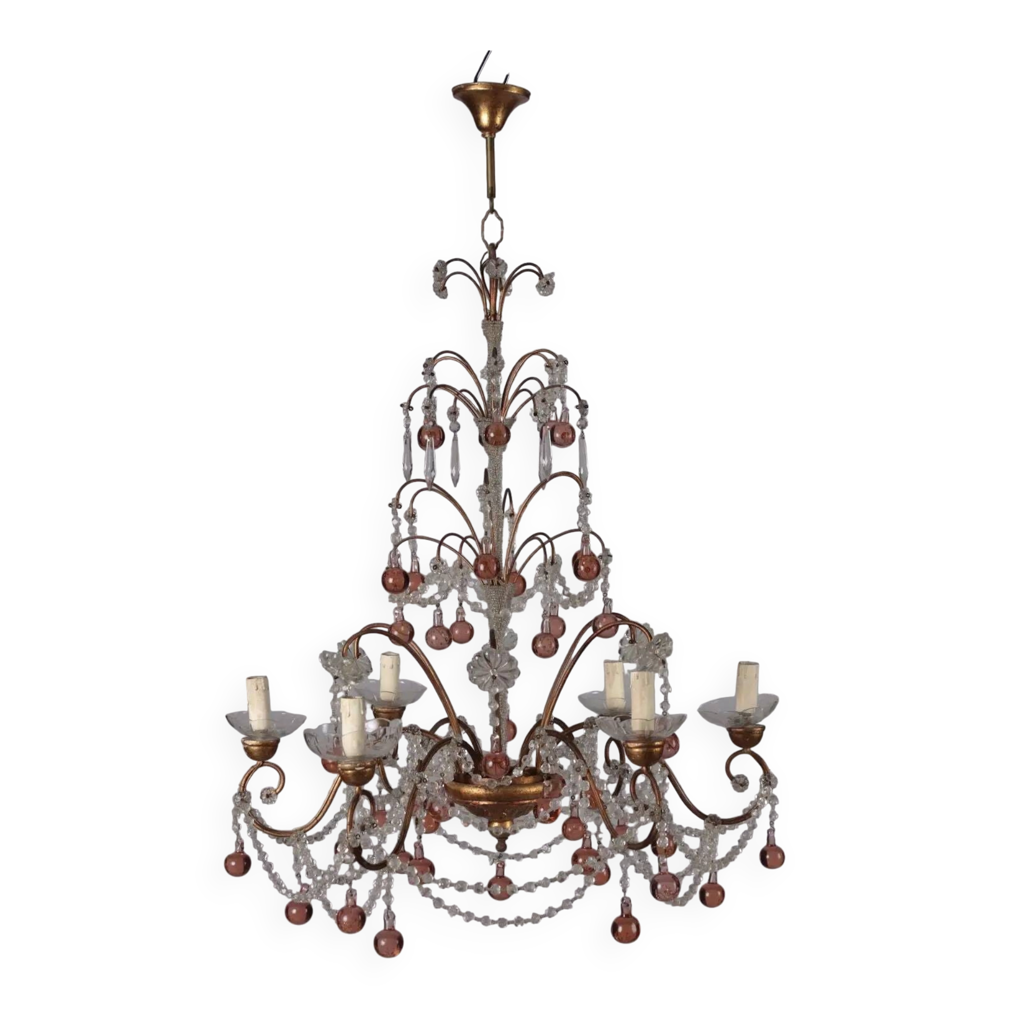 Lustre ancien 6 lumières en métal et verre, Italie, XXe siècle