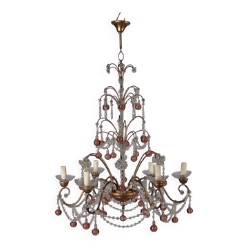 Lustre ancien 6 lumières en métal et verre, Italie, XXe siècle