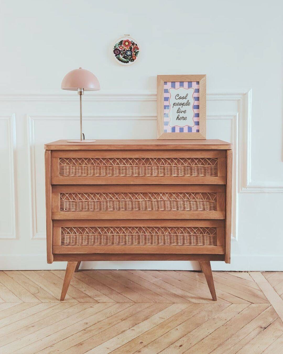 Renovated vintage chest of drawers, 1960s, made of wood and rattan.