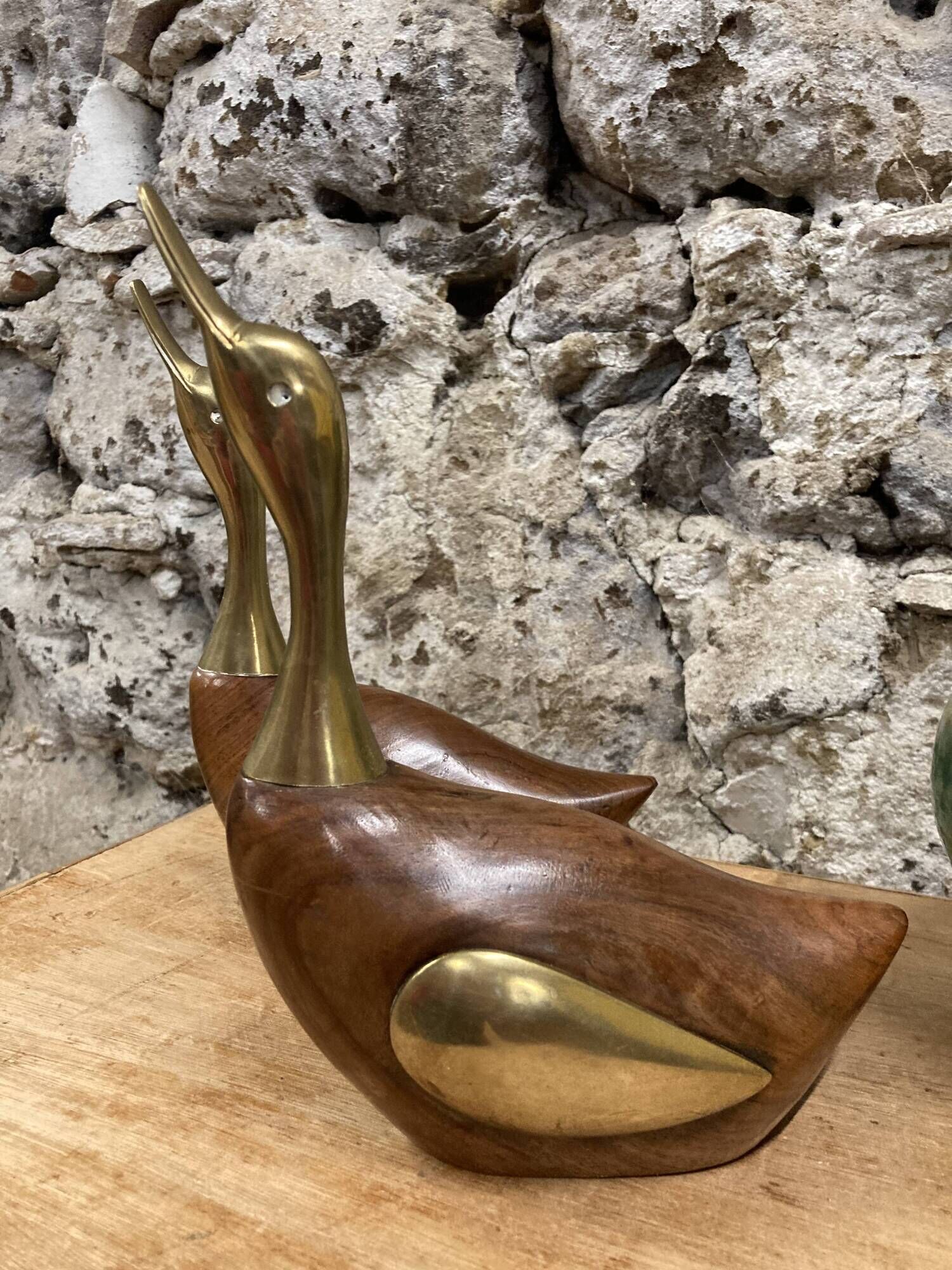 Pair of duck or swan in wood and brass sculpture
