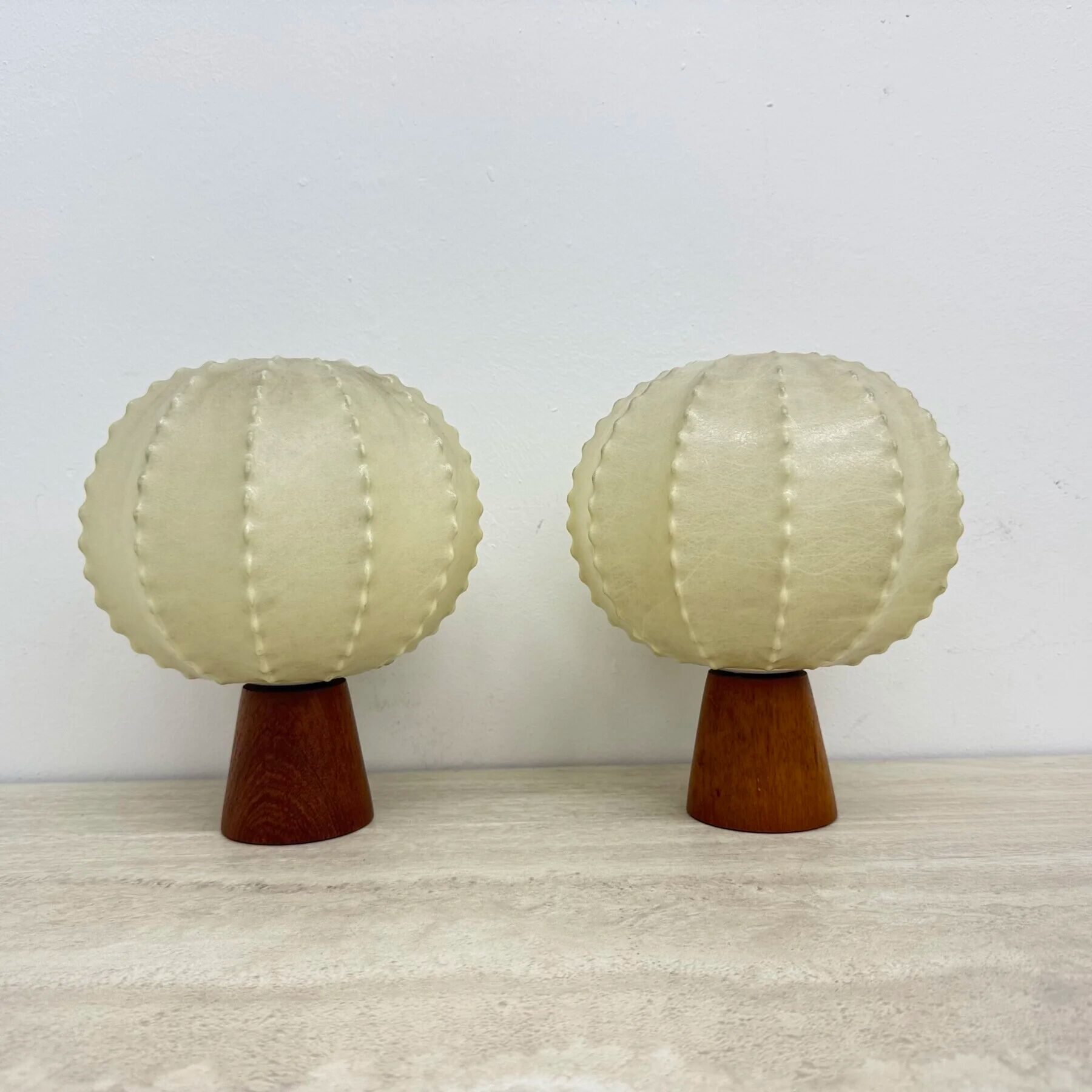 Pair of Goldkant Leuchten cocoon with teak base table lamps, 1970s