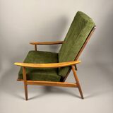 Fauteuil scandinave – revêtement vert, bois de hêtre, vintage