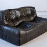 Ensemble de Salon Kashima Vintage en Cuir Noir par Michel Ducaroy pour Ligne Roset, 1976, Set de 3