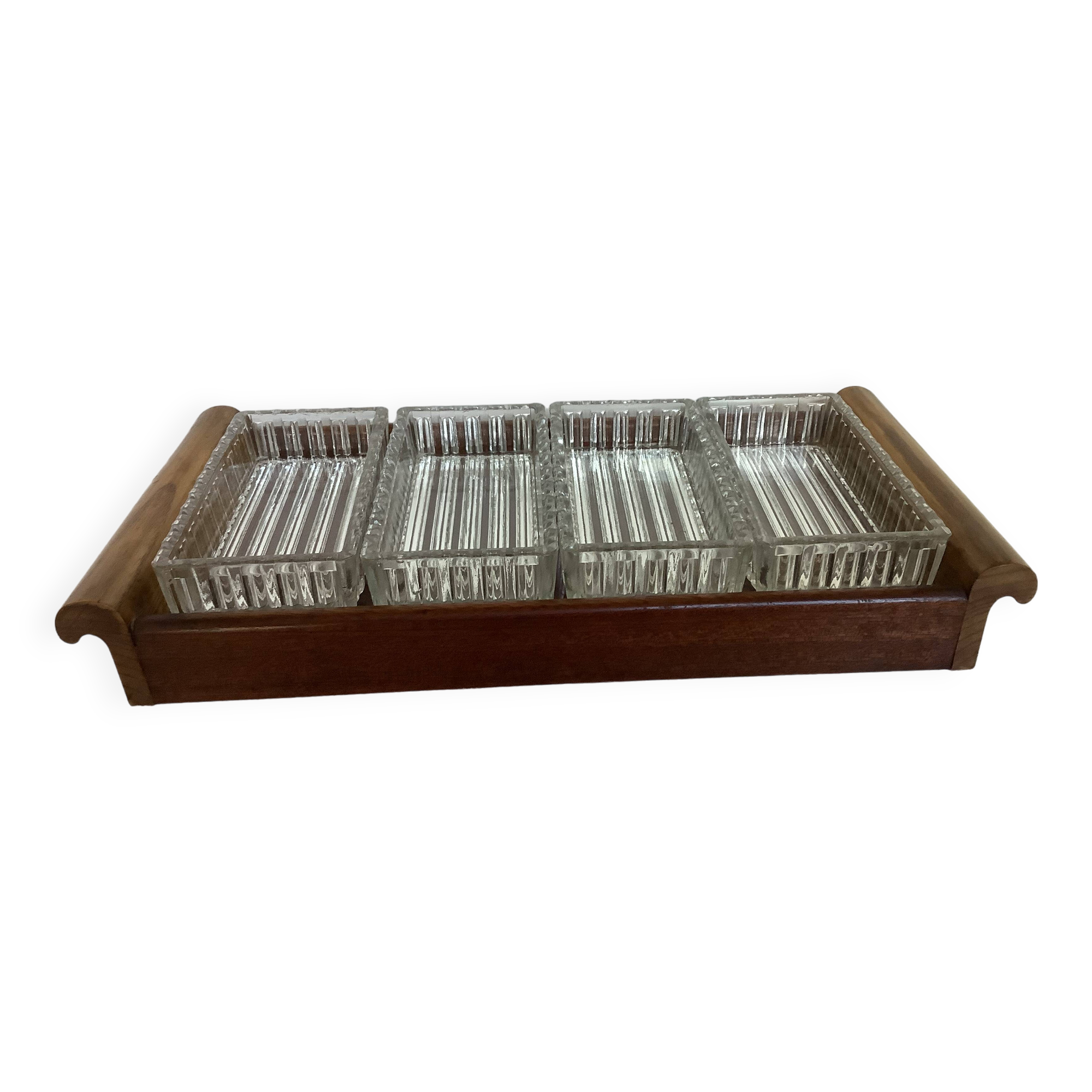 Old wooden serving tray and molded glass bowls