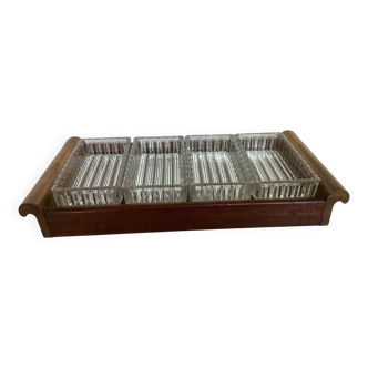 Old wooden serving tray and molded glass bowls