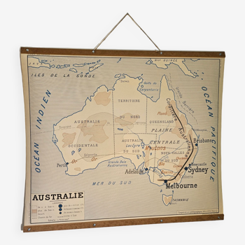 Carte scolaire ancienne de géographie de l'Australie et de l'Asie double face