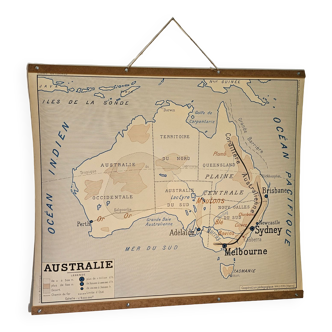 Carte scolaire ancienne de géographie de l'Australie et de l'Asie double face