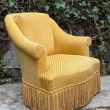Fauteuil crapaud vintage jaune moutarde velours floqué