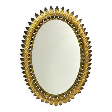 Midcentury bohemian hollywood regency spanish gilt metal sun mirror, 1960s