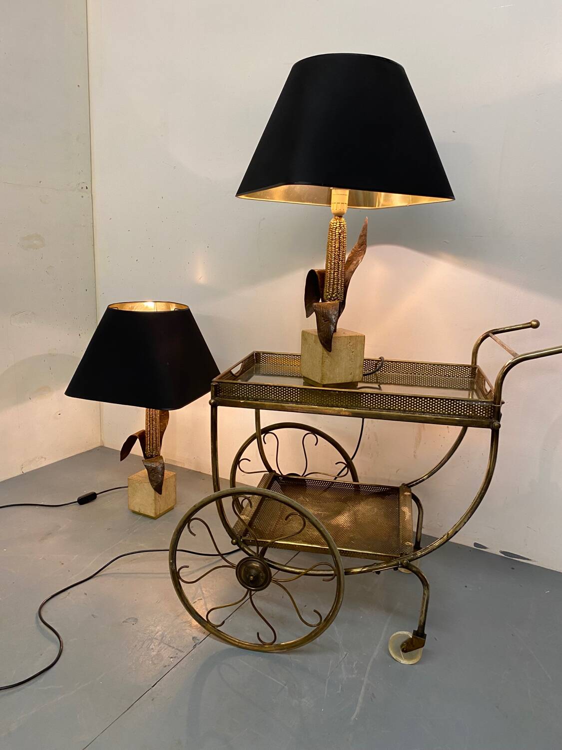 Vintage Bronze, Brass and Travertin Table Lamps in the manner of Maison Charles, 1970s, Set of 2