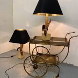 Vintage Bronze, Brass and Travertin Table Lamps in the manner of Maison Charles, 1970s, Set of 2