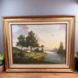 Oil on canvas landscape by the river – antique gilded frame