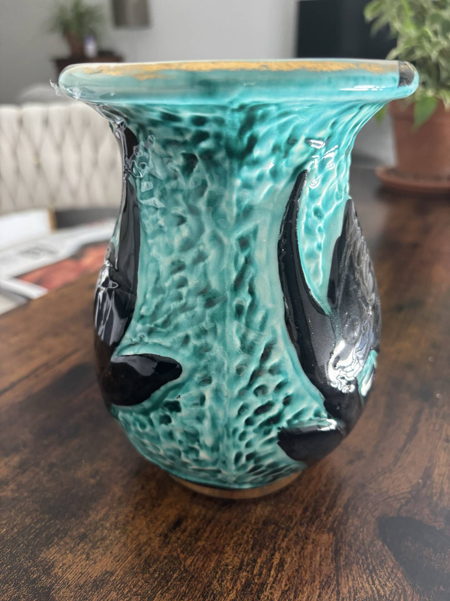 Vintage ceramic vase from Vallauris, 1950s-60s, turquoise and black.