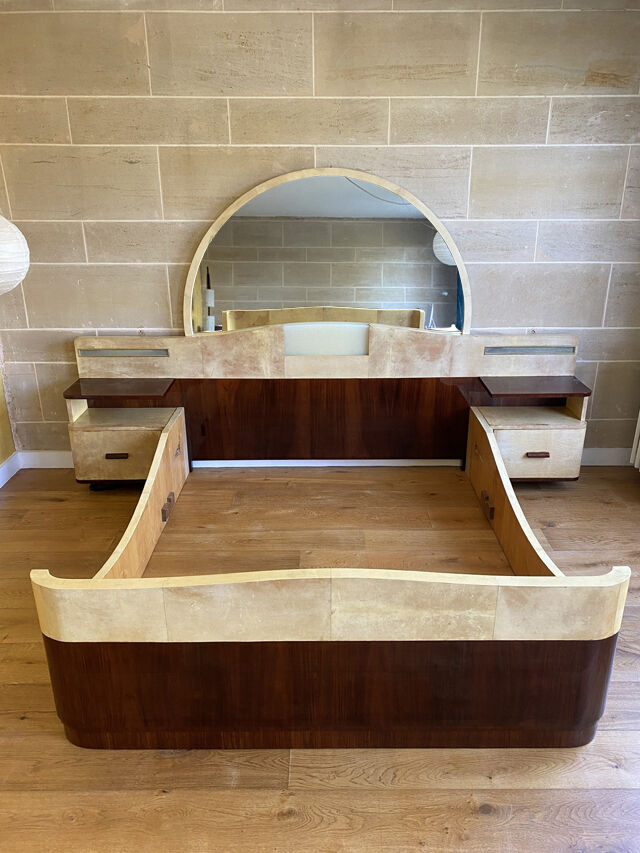 Bed with integrated bedside in rosewood and parchment, art deco period, twentieth century