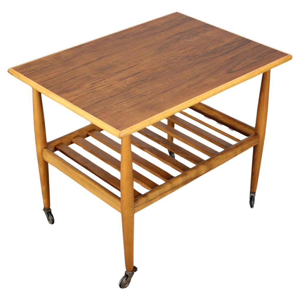 Restored Danish teak rolling table with shelf, 1960s