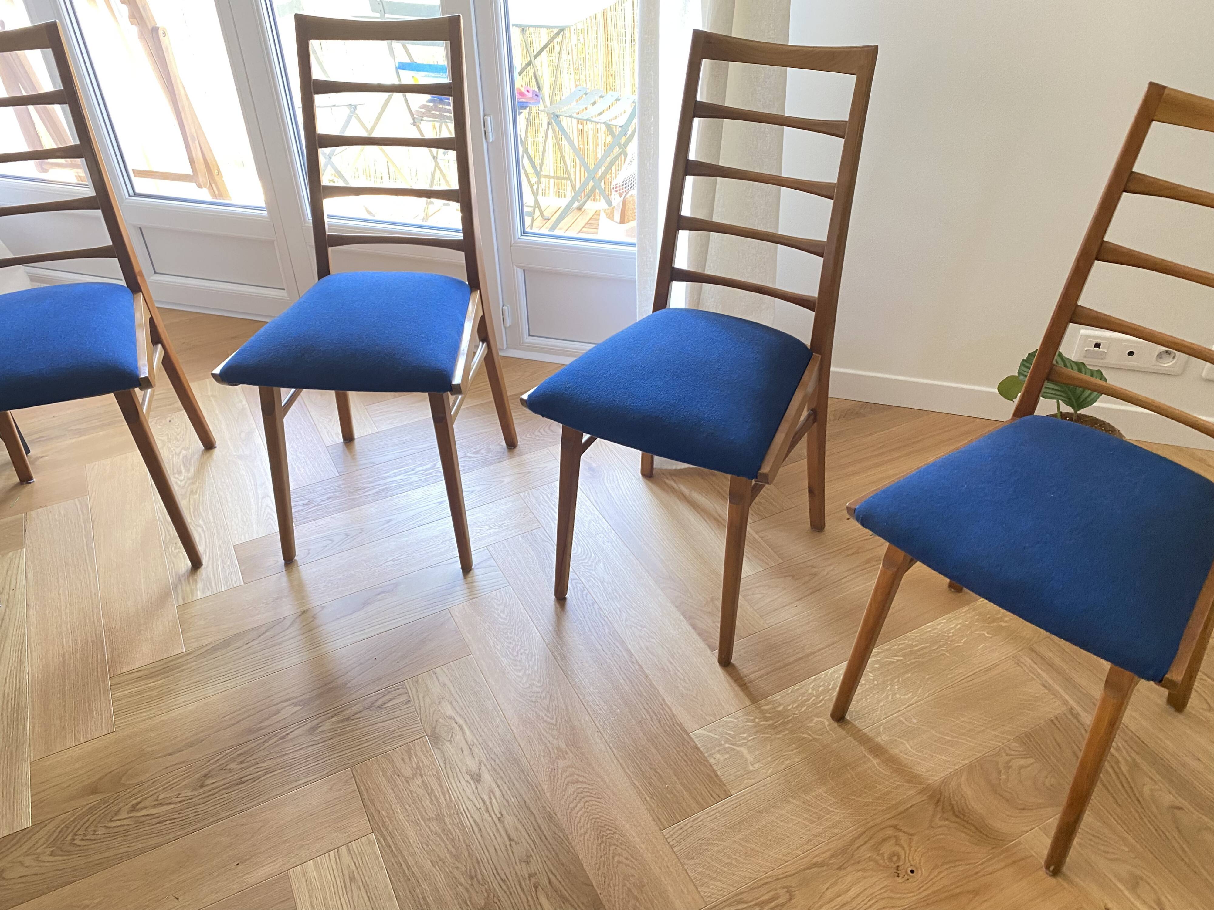 Set of 4 vintage Scandinavian chairs from the 1960s with ladder back.