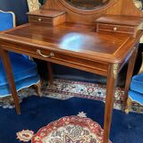 Louis XVI style mahogany and solid walnut dressing table with oval mirror