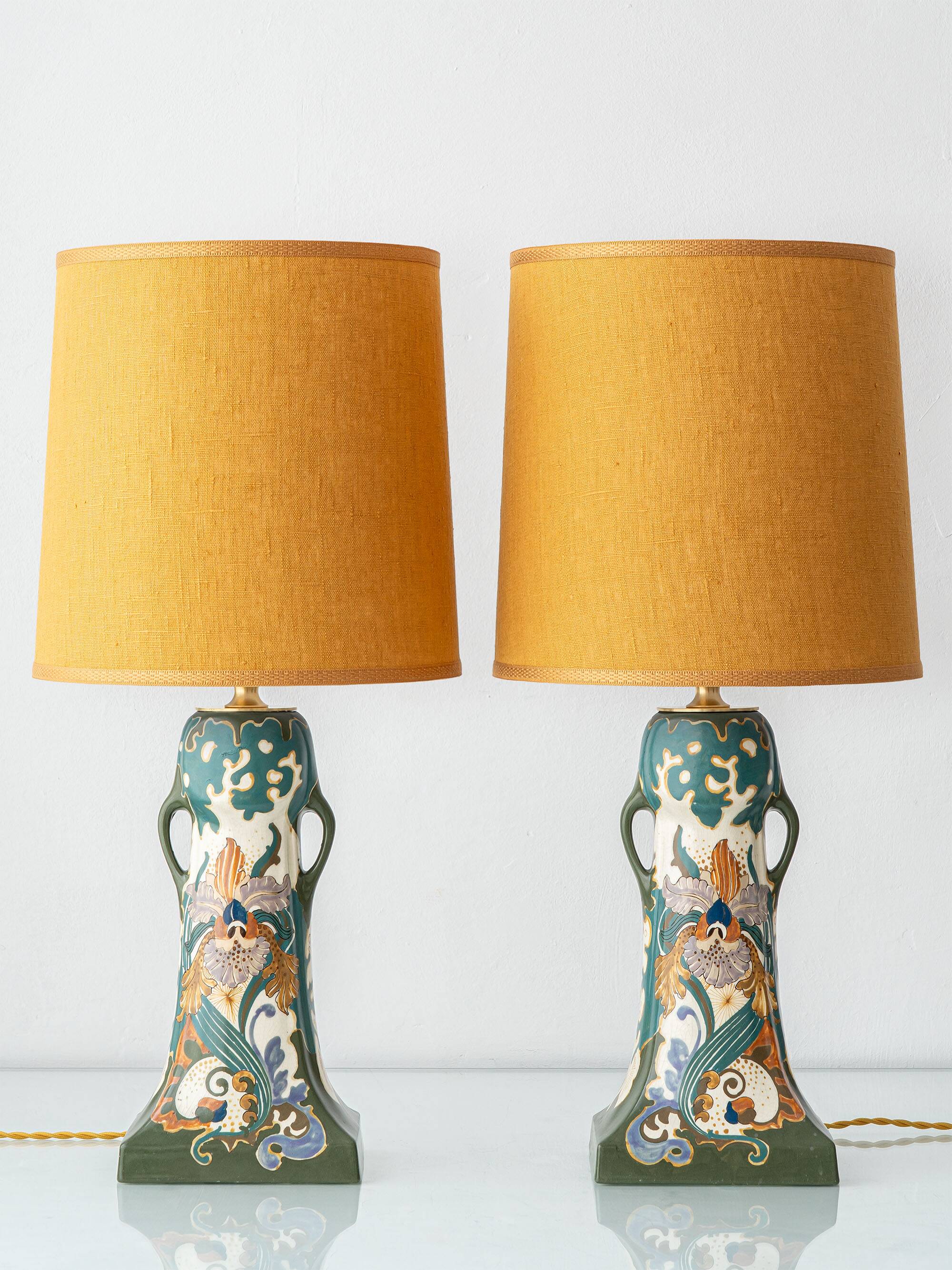 Pair of Dutch Art Nouveau Ceramic Table Lamps, circa 1915, with New Ochre Linen Shades