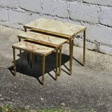 3 tables gigognes en laiton et marbre onyx, style vintage français - Tables de salon