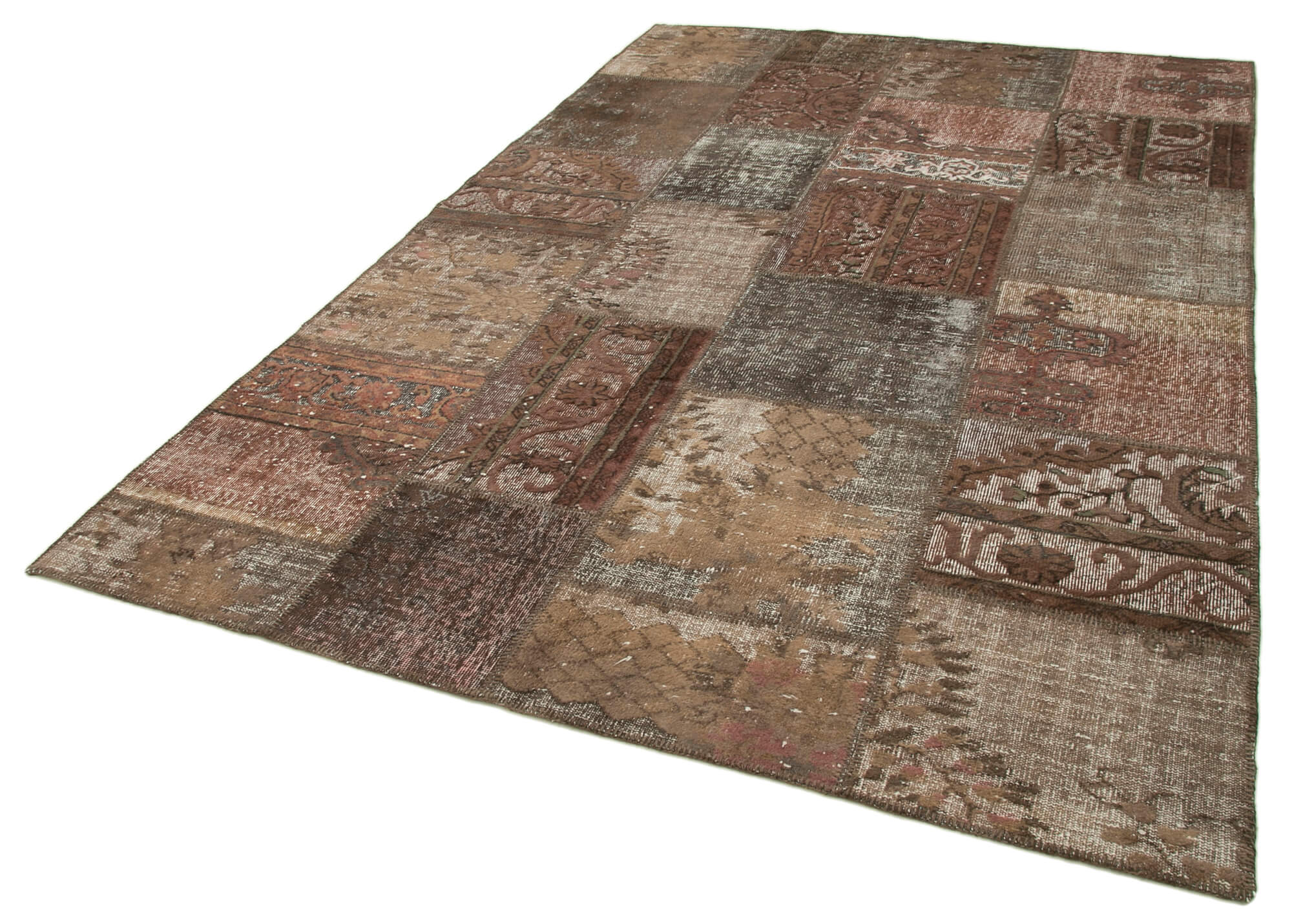 Handwoven oriental vintage 198 cm x 302 cm brown patchwork carpet