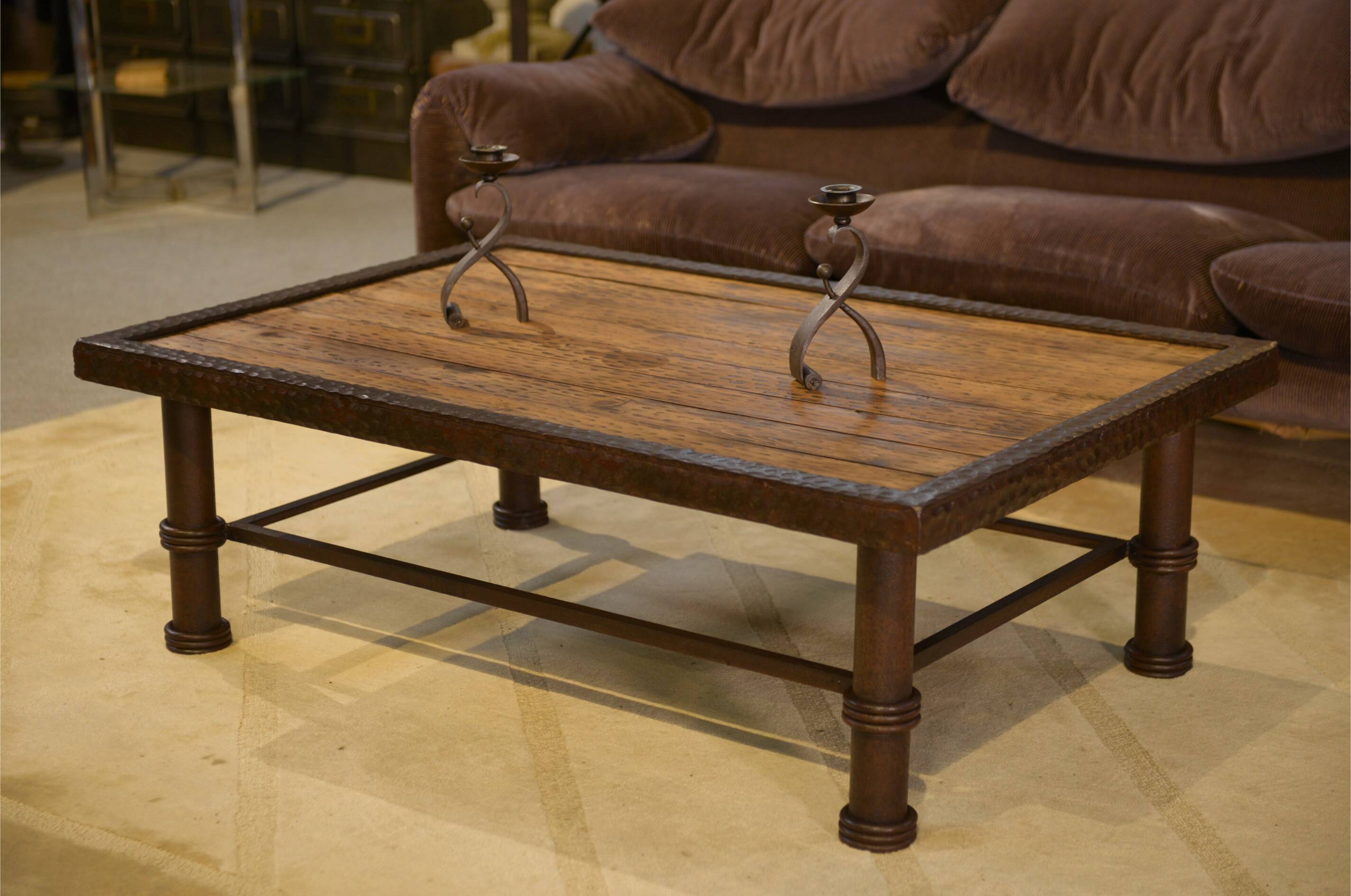 Table basse brutaliste bois et fer forgé 1960’s