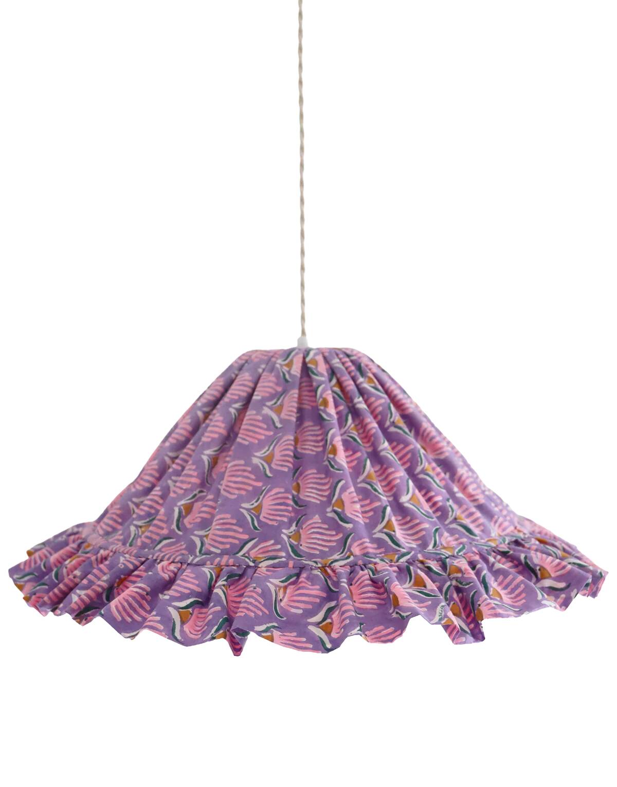 Emilia "purple shell flowers" conical textile suspension with flounce