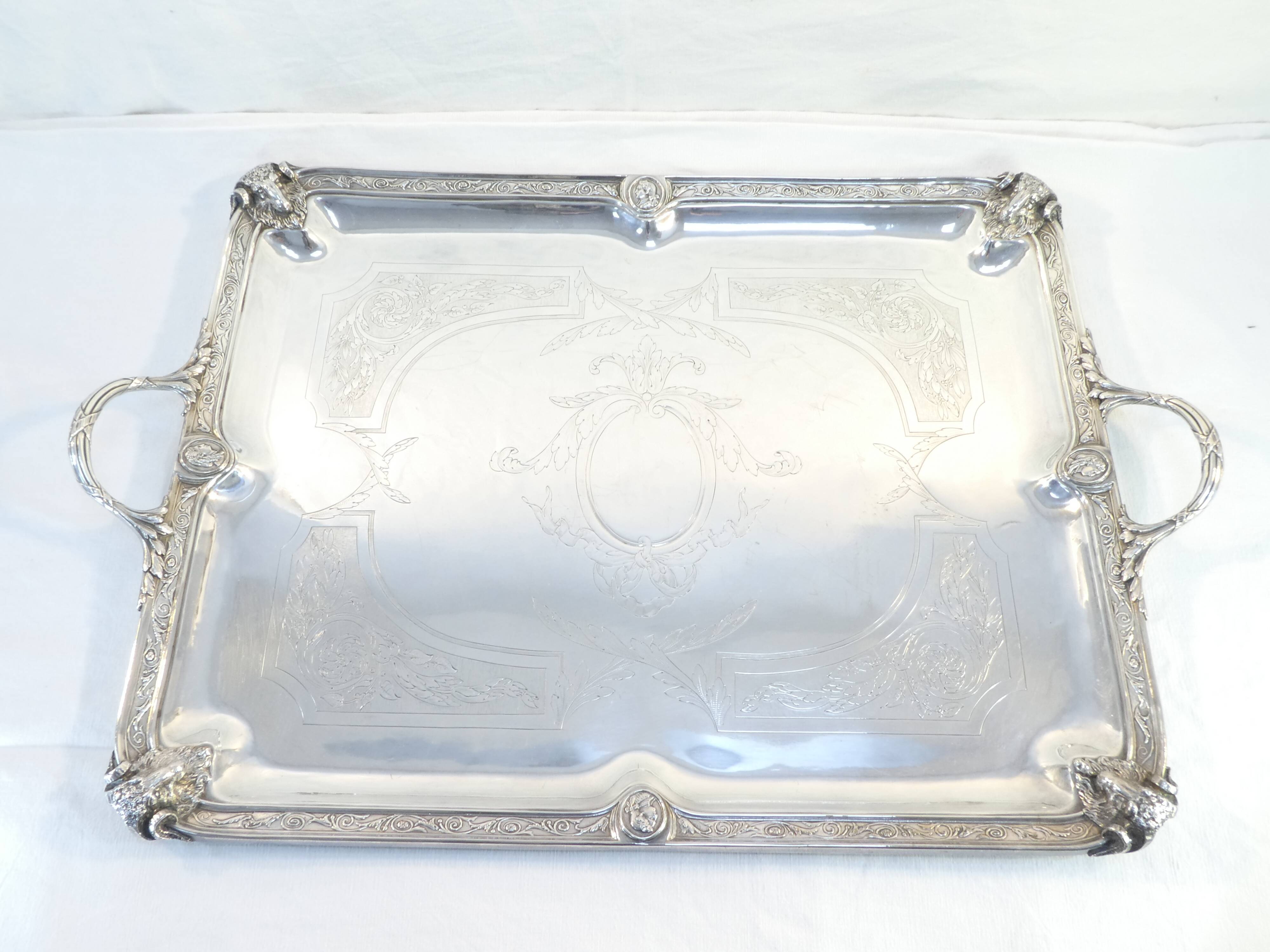 Service tray with silver metal belier 19th 77 X 52 cm