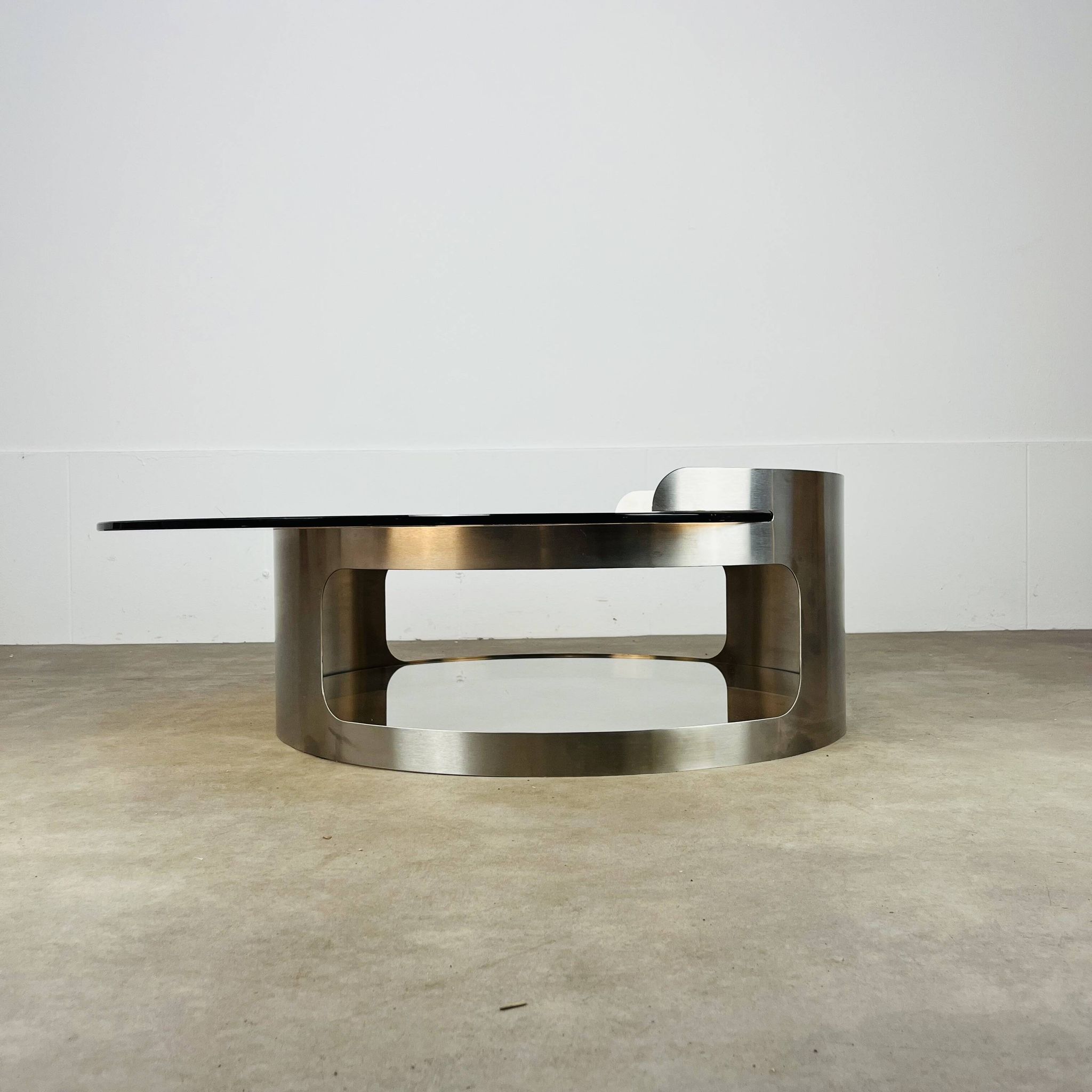 Kappa coffee table in steel and smoked glass, Maria Pergay style, 1970s.