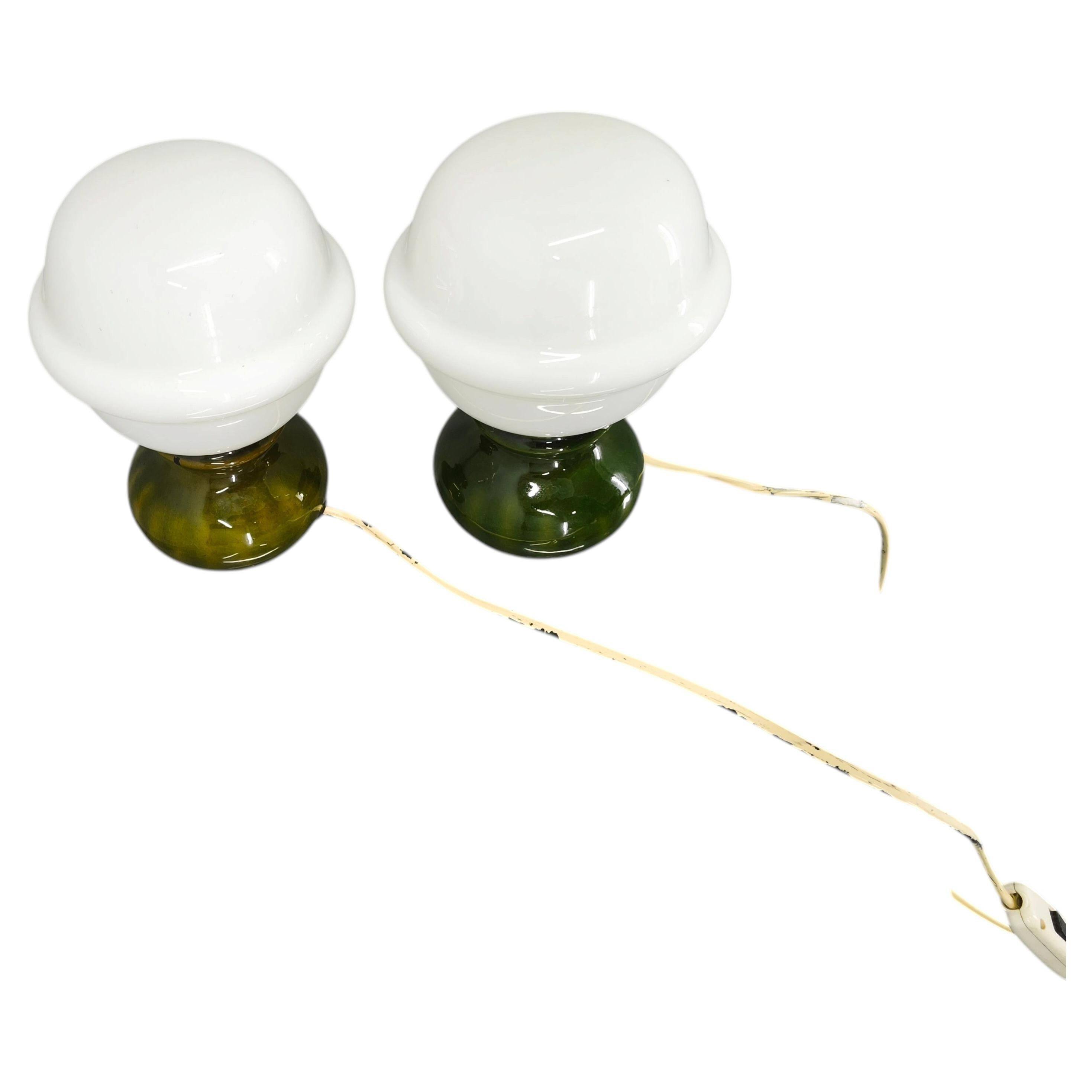 Pair Czech 1970s Milk Glass and Green Ceramic Table Lamps