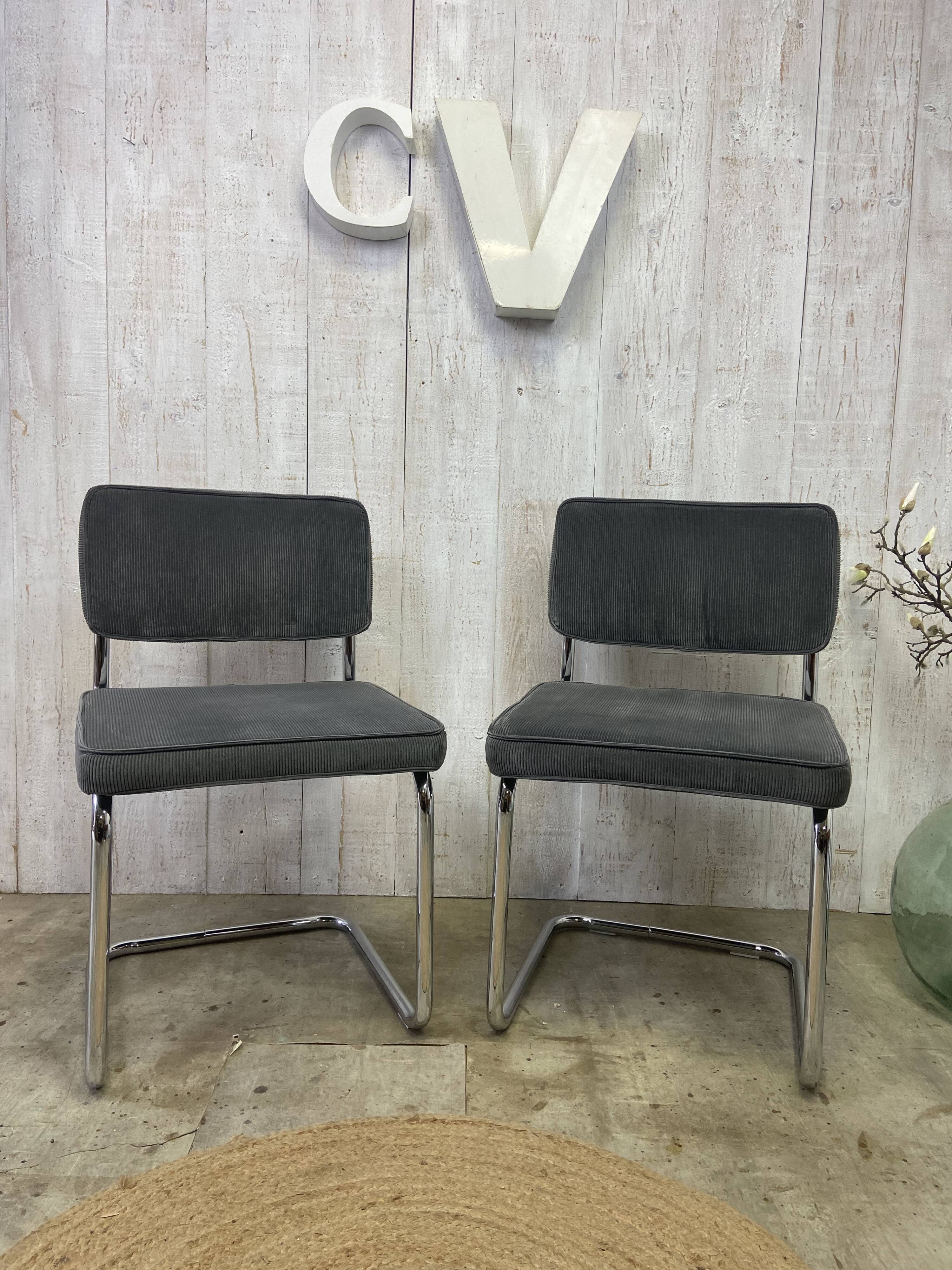 Pair of chrome and velvet chairs